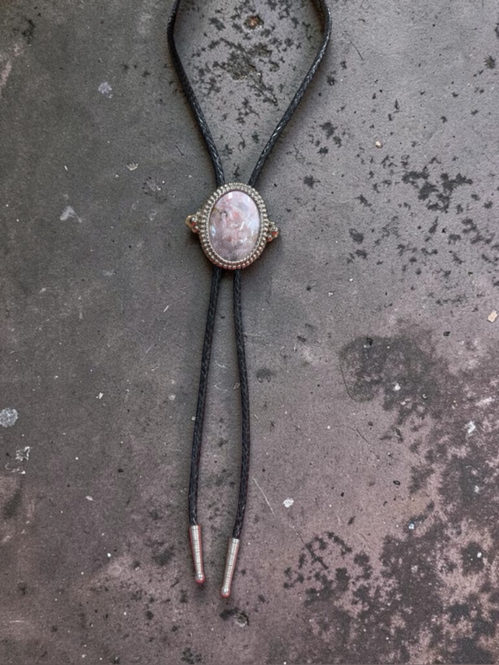 Bolo Tie Silvertone Framed Faux Stone on Black Twisted Cord Silvertone Tips